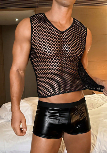 Men's Mesh Vest with Cutout Top and Pu-Leather Lingerie