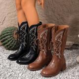 Women Embroidered Mid-Calf Western Denim Boots with British Style