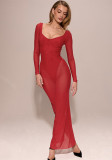 Women Fall Sexy Plunging Mesh Long-Sleeved Maxi Dress