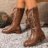 Women Embroidered Mid-Calf Western Denim Boots with British Style
