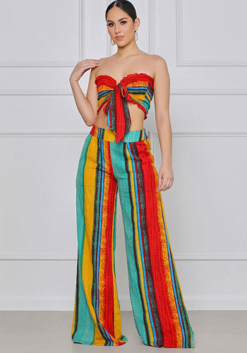 Women Summer Colorful Striped Two-Piece Top and Pant Set