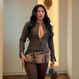 Women Autumn/Winter Pu-Leather Half-Open Collar Zippered Rivet Waist Crop Jacket