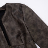 Women Autumn/Winter Pu-Leather Half-Open Collar Zippered Rivet Waist Crop Jacket