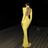 Women's High Neck Solid Color Long Sleeve Backless Ruched Long Dress