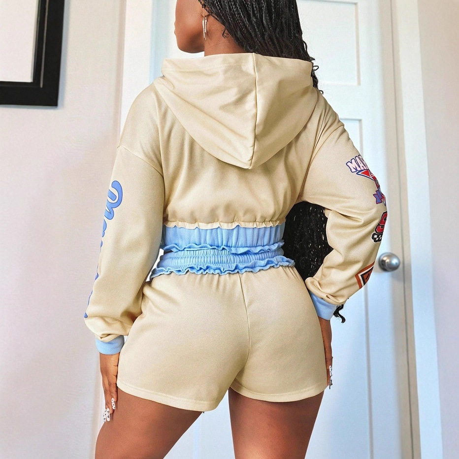 Women Contrast Sport Elegant Zippered Long-Sleeved Top and Shorts Two-Piece Set