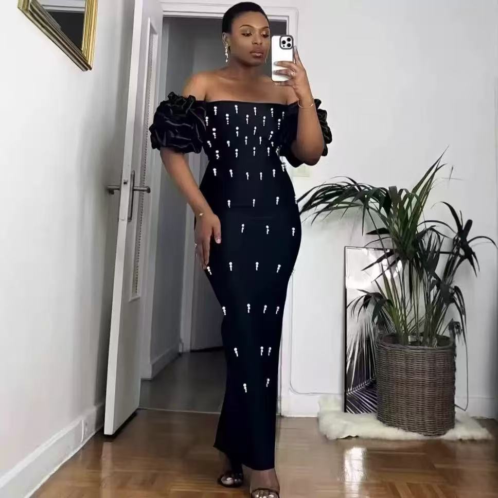 Women Pearl Strapless Off-the-Shoulder Formal Party Bandage Maxi Dress