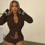 Women Autumn/Winter Stand Collar Zippered Top Shorts with Three-Piece Knee Pads