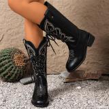 Women Embroidered Mid-Calf Western Denim Boots with British Style