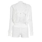 Women Fall Sexy Triangle Cup Hooded Long-Sleeved Jacket and Shorts Three-Piece