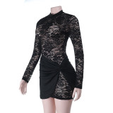Women Fall Sexy See-Through Cutout Round Neck Long-Sleeved Bodycon Dress