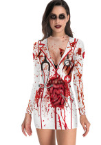 Halloween Nurse Zombie Round Neck Long-Sleeved Dress