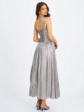Women Metallic Pleated Strapless Maxi Dress