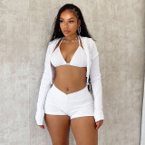 Women Fall Sexy Triangle Cup Hooded Long-Sleeved Jacket and Shorts Three-Piece