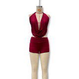 Women Sexy Halter Neck Backless Top and Shorts Two-Piece Set