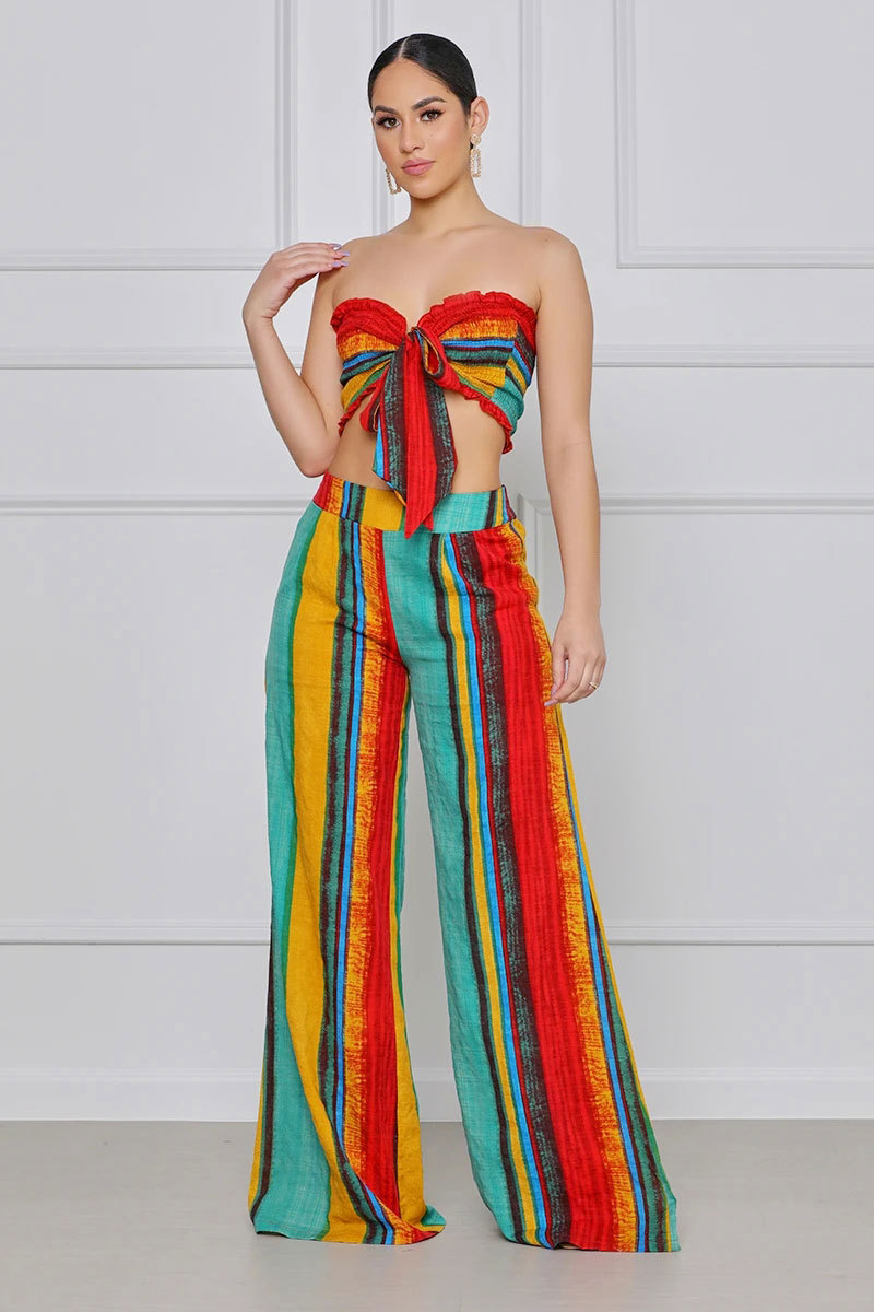 Women Summer Colorful Striped Two-Piece Top and Pant Set