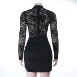 Women Fall Sexy See-Through Cutout Round Neck Long-Sleeved Bodycon Dress