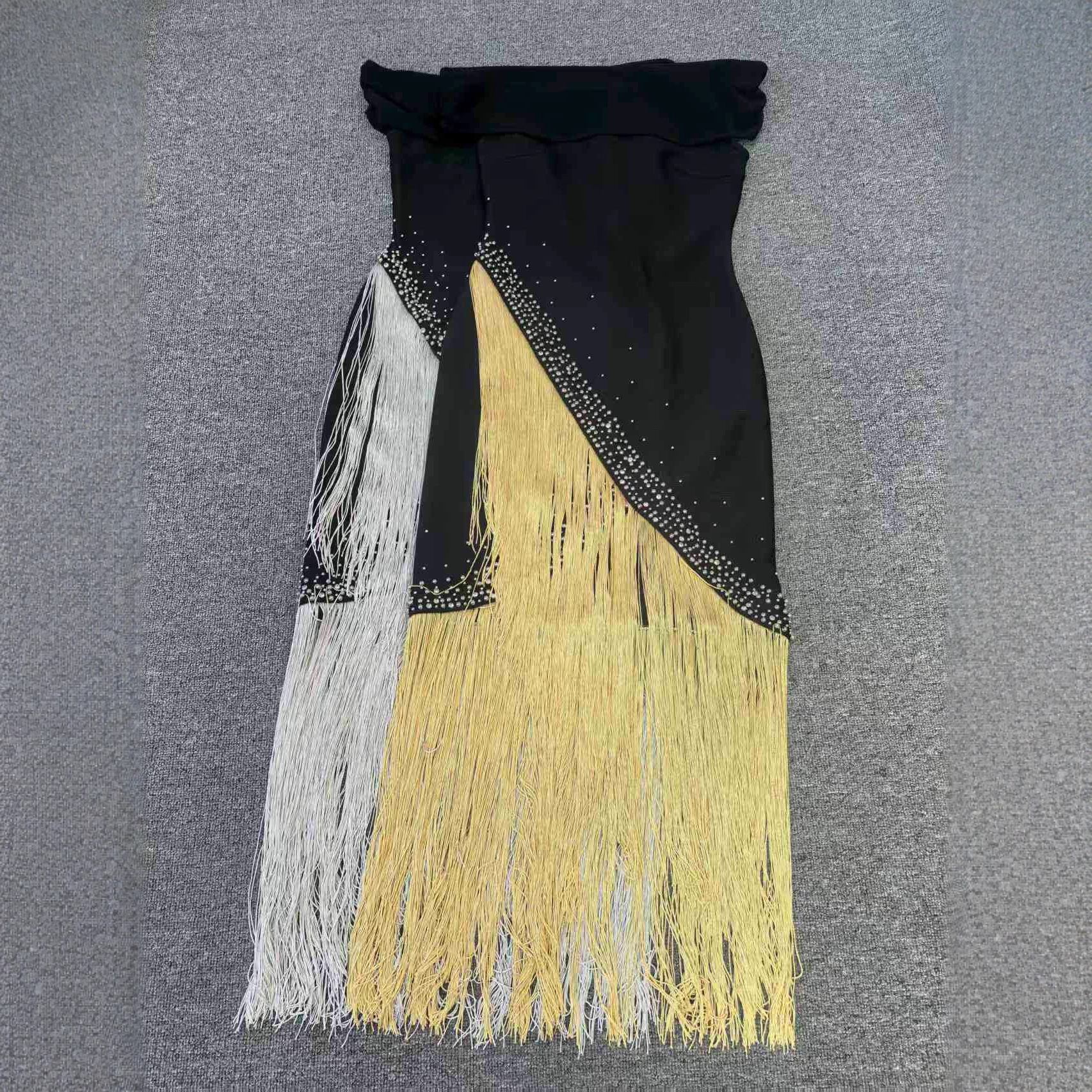 Women Strapless Diamond Tassels and Sequins Bandage Dress