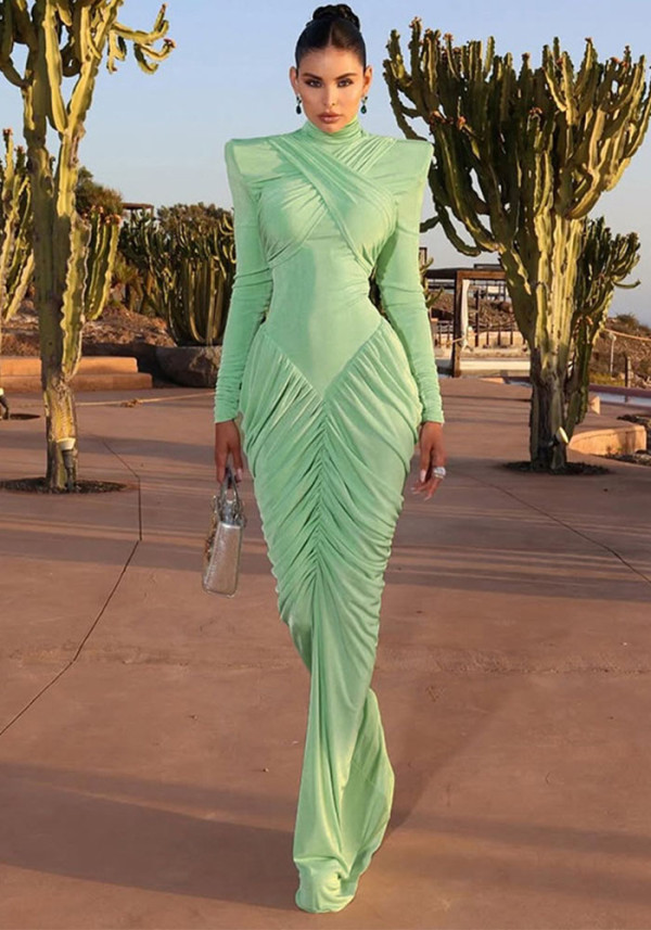 Women's High Neck Solid Color Long Sleeve Backless Ruched Long Dress