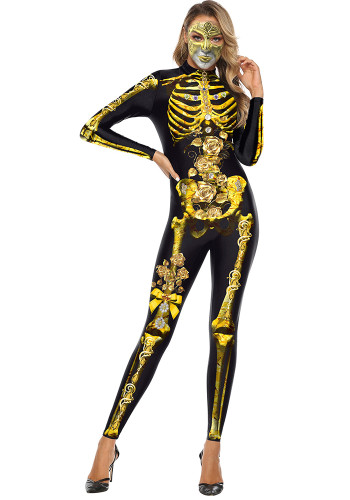 Halloween Skeleton Printed Bodysuit, Adult Halloween Parade Jumpsuit