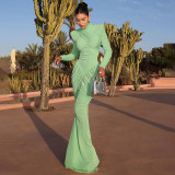 Women's High Neck Solid Color Long Sleeve Backless Ruched Long Dress