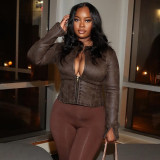 Women Autumn/Winter Pu-Leather Half-Open Collar Zippered Rivet Waist Crop Jacket