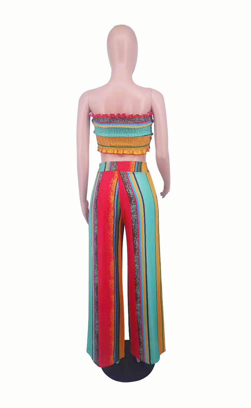 Women Summer Colorful Striped Two-Piece Top and Pant Set