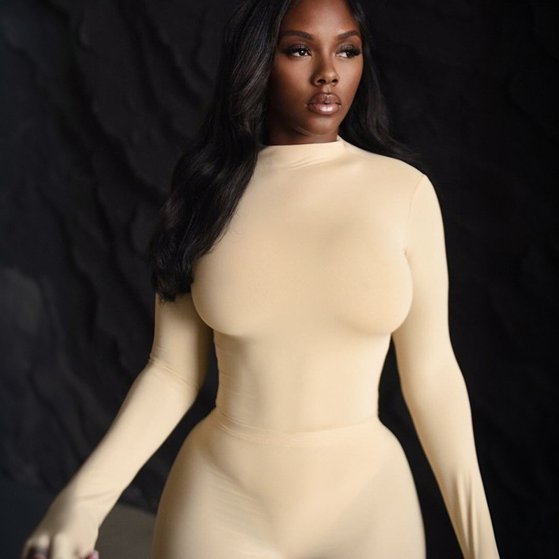 Women Autumn/Winter Solid Turtleneck Long-Sleeved Bodysuit with Covered Legs Two-Piece Set