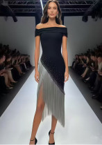 Women Strapless Diamond Tassels and Sequins Bandage Dress