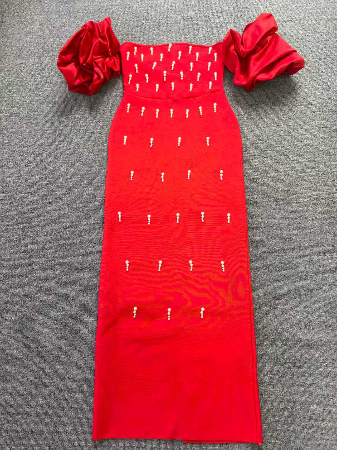 Women Pearl Strapless Off-the-Shoulder Formal Party Bandage Maxi Dress