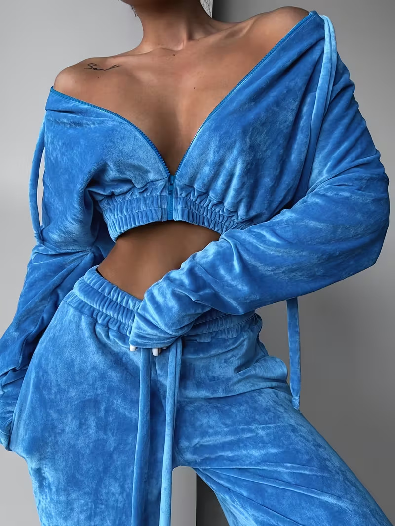 Women Sporty Casual Hooded Zipper Top and Pant Two-Piece Set