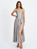 Women Metallic Pleated Strapless Maxi Dress