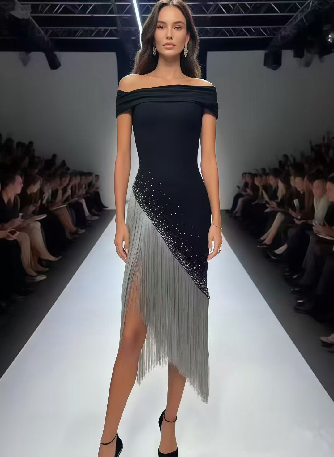 Women Strapless Diamond Tassels and Sequins Bandage Dress