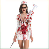 Halloween Nurse Zombie Round Neck Long-Sleeved Dress
