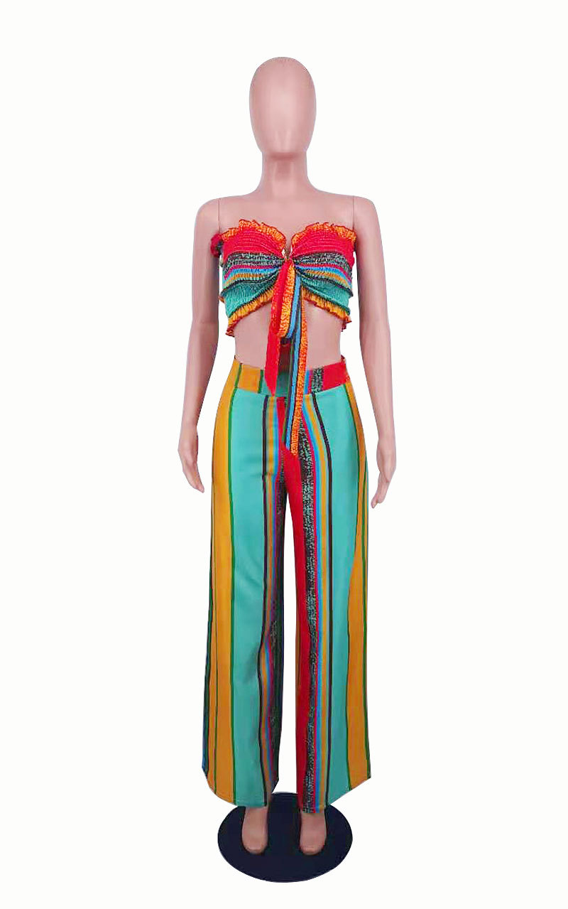 Women Summer Colorful Striped Two-Piece Top and Pant Set