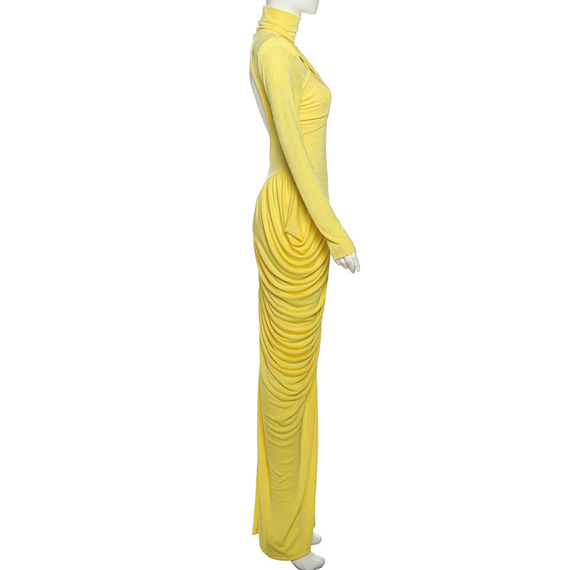 Women's High Neck Solid Color Long Sleeve Backless Ruched Long Dress