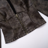 Women Autumn/Winter Pu-Leather Half-Open Collar Zippered Rivet Waist Crop Jacket