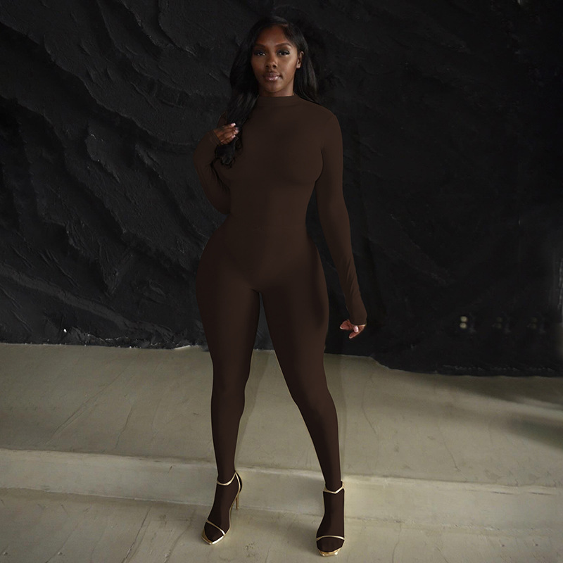 Women Autumn/Winter Solid Turtleneck Long-Sleeved Bodysuit with Covered Legs Two-Piece Set