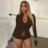 Women Autumn/Winter Stand Collar Zippered Top Shorts with Three-Piece Knee Pads