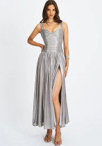 Women Metallic Pleated Strapless Maxi Dress