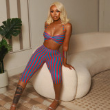 Women Contrast Striped Halter Neck Top and Capri Pants Two-Piece