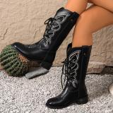 Women Embroidered Mid-Calf Western Denim Boots with British Style