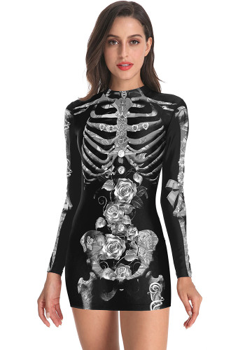 Halloween Skull and Rose Printed Long-Sleeved Bodycon Dress