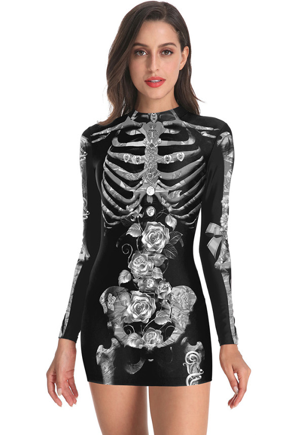 Halloween Skull and Rose Printed Long-Sleeved Bodycon Dress