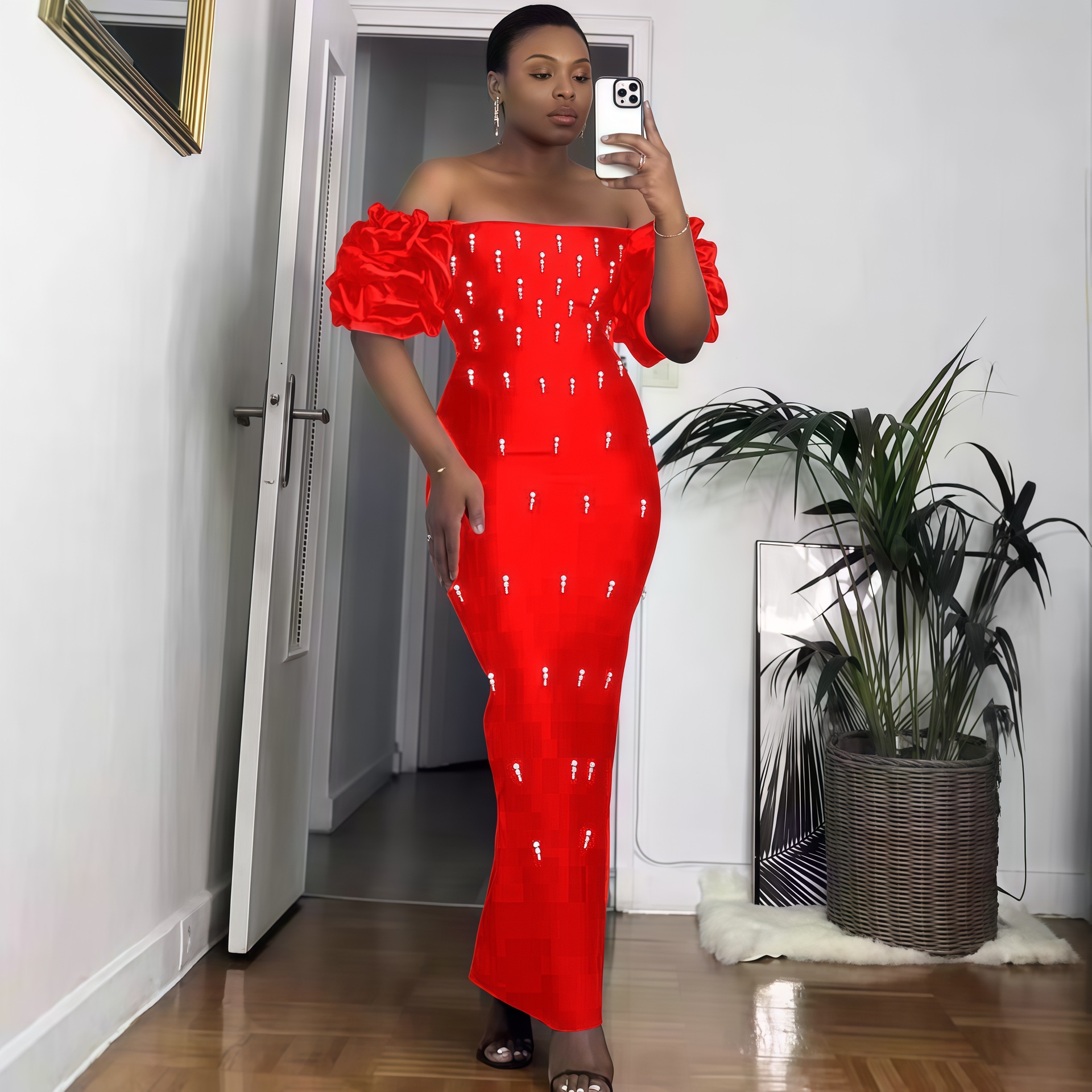 Women Pearl Strapless Off-the-Shoulder Formal Party Bandage Maxi Dress