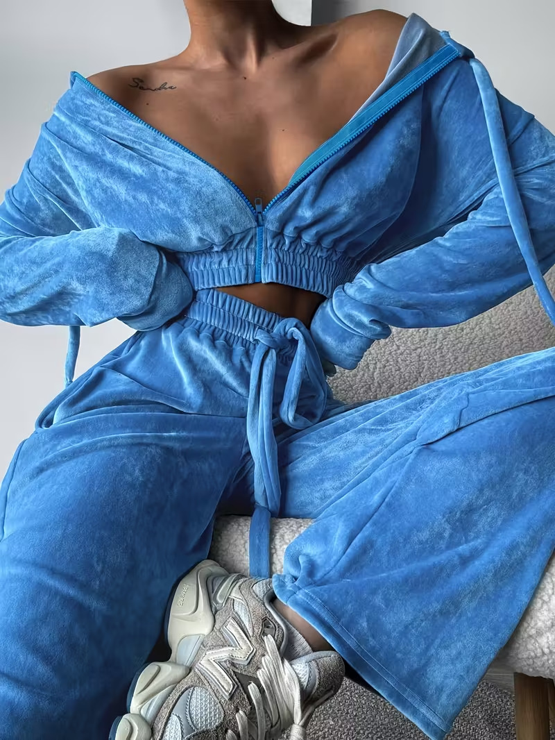 Women Sporty Casual Hooded Zipper Top and Pant Two-Piece Set