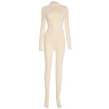 Women Autumn/Winter Solid Turtleneck Long-Sleeved Bodysuit with Covered Legs Two-Piece Set