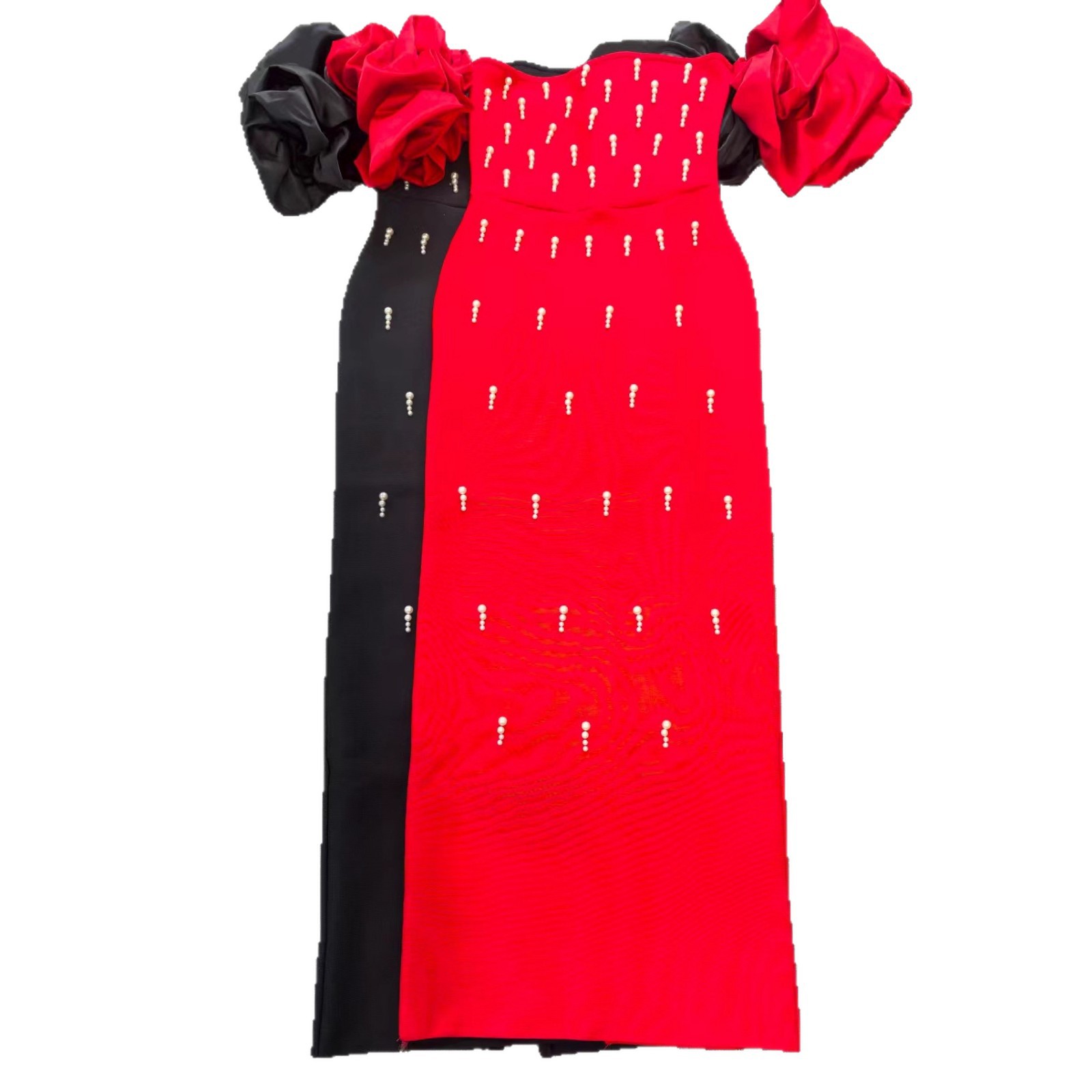 Women Pearl Strapless Off-the-Shoulder Formal Party Bandage Maxi Dress