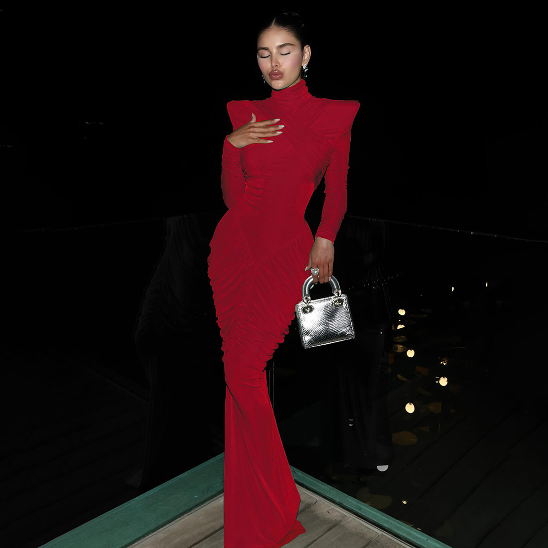 Women's High Neck Solid Color Long Sleeve Backless Ruched Long Dress