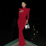 Women's High Neck Solid Color Long Sleeve Backless Ruched Long Dress