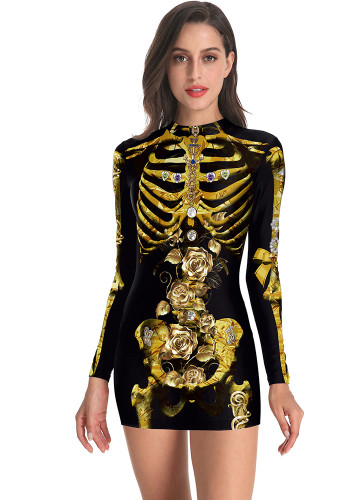 Halloween Women Skeleton Printed Long-Sleeved Bodycon Dress